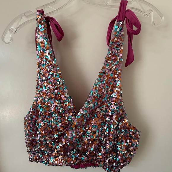 Free People Sz. S Pink Big Night Sequin Crop Top Party Cocktail Barbie Glam - Picture 5 of 7